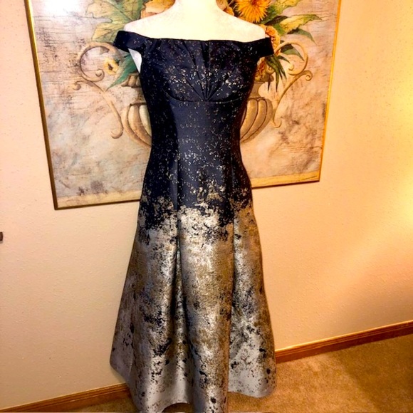 Sz 2 Kay Unger Carina Tea Length Formal Dress Navy Blue, Silver & Gold Metallic - Picture 2 of 16